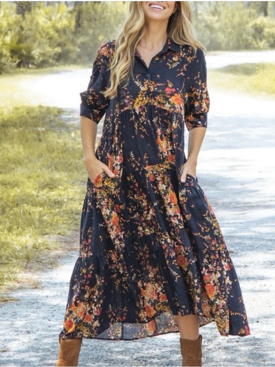 NATURAL LIFE Dresses & Skirts - Natural Life Rebecca Floral Midi Tiered Shirt Dress Autumn Short Sleeve Size XL